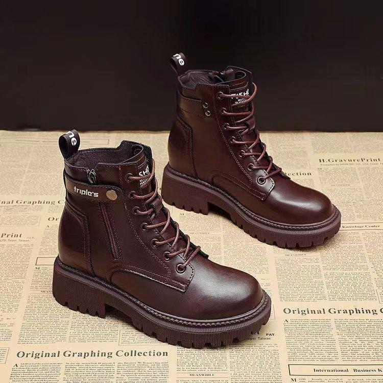 Women's Shoes 2025 New Genuine Leather Riding Boots Mid-Calf Flat Versatile Cotton Shoes Winter Fleece-Lined Short Boots