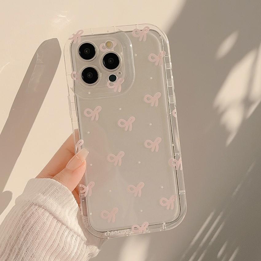 Cute Pink Bowknot Transparent Phone Case For iPhone 16 15 14 13 12 11 Pro Max Plus Clear Silicone Shockproof Cases Cover