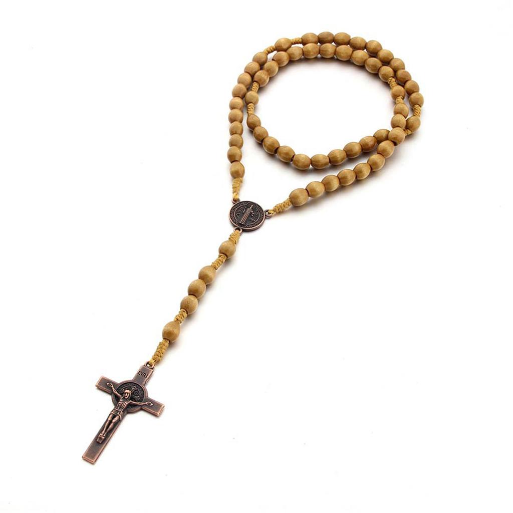 Wooden Beads Rosary Necklaces Christian Religious Cross Pendant Necklaces for Women Men Long Chain Jewelry Gift