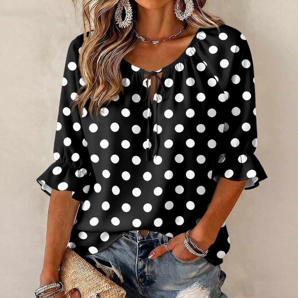 Women's Round Neck Polka Dot Blouse with Tie Front and Ruffle Hem 3/4 Sleeve