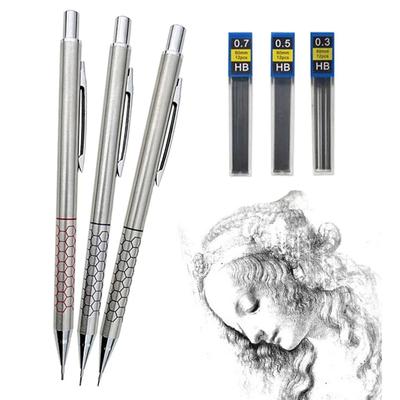 0.5 0.7 0.9mm Metall-Druckbleistift mit Radiergummi Set 2b/hb Mine Kunst Skizze Zeichenbedarf Automatischer Bleistift Schreibwaren