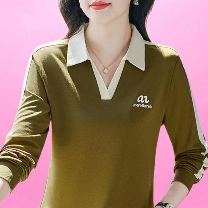 Long-sleeved T-shirt for Women's Fashionable Spring and Autumn New Arrival Top Base Shirt Middle-aged Mother's Lapel Slim Polo Shirt