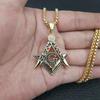 Hip Hop Iced Out Mason Halsketten Anhänger Goldfarbe Edelstahl Kette Für Damen/Herren Freimaurer Symbol Schmuck XL1079