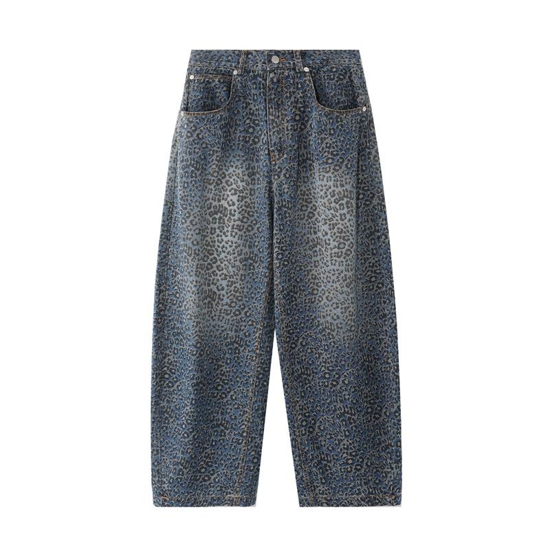 American Retro Washed Leopard Print Double Pressing Line Black Scimitar Jeans Men's Trend Wide Legs Loose Drape Old Pants