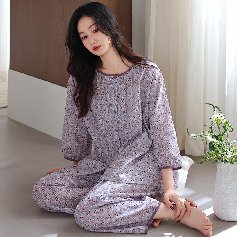 Women's Three-Quarter Sleeve Cotton Gauze Pajamas, Spring/Autumn 2025 Collection, Pure Cotton Home Wear 