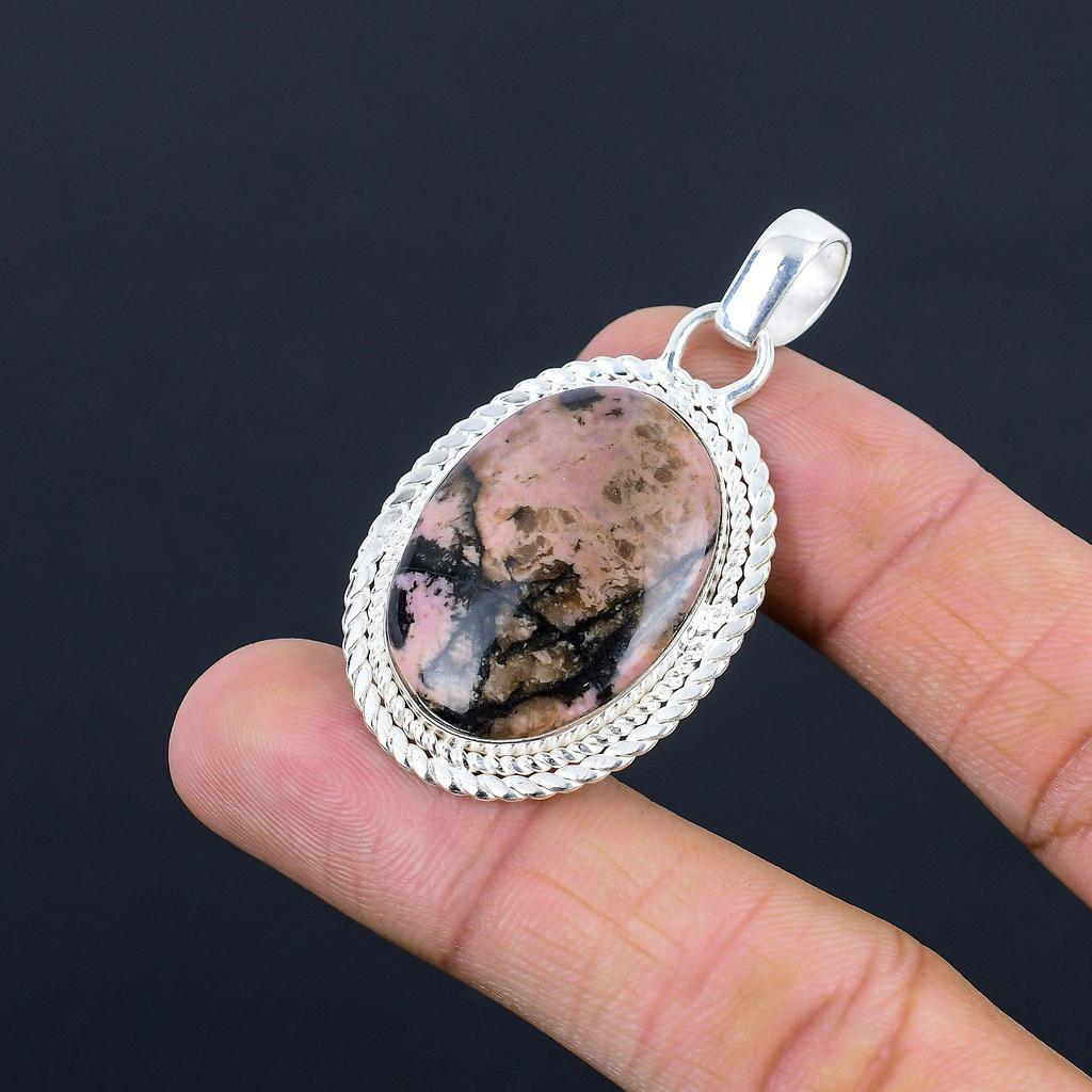 Naturlig Rodonit Ädelsten Hänge Rosa 925 Sterling Silver Indiska Smycken