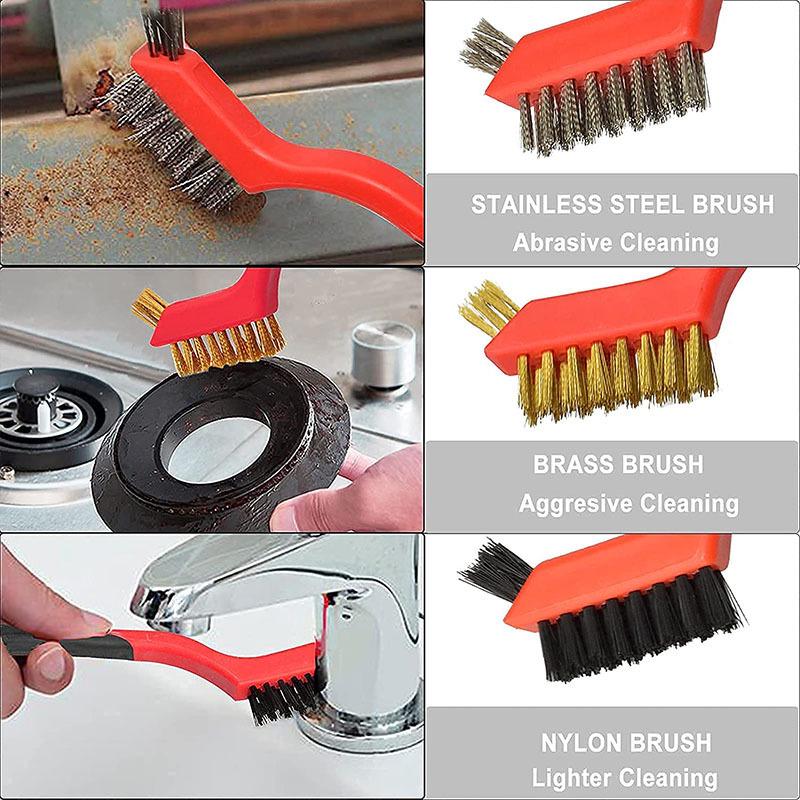 3pc Double-Headed Cleaning Brush Set: Stainless Steel & Copper Wire for Rust Removal, Antique Cleaning, and Crevice Detailing.