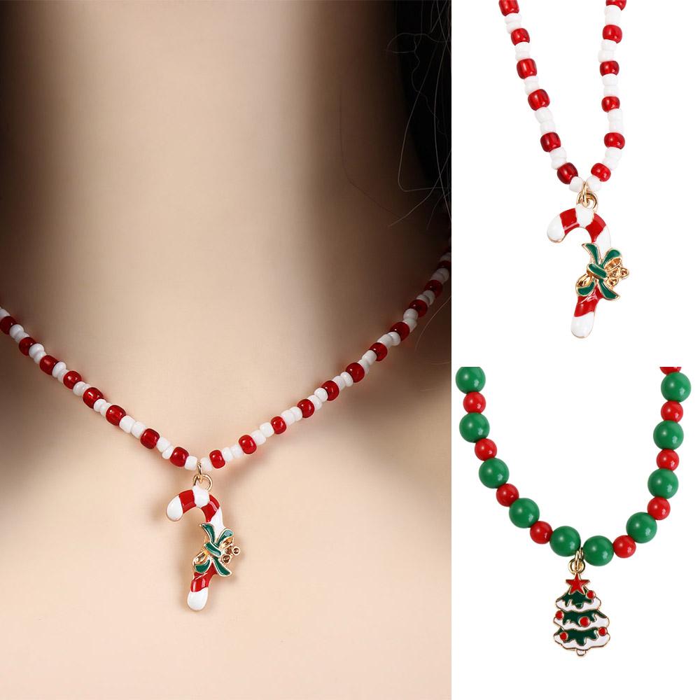 Clavicle Chain Christmas Necklace Christmas Tree Cartoon Pendant Choker Rice Beaded Chain  Girl