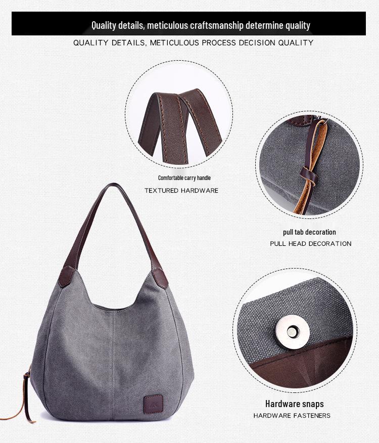 Large Capacity Canvas Tote Bag with Three-Layer Pockets - Ladies' Casual Shoulder Handbag