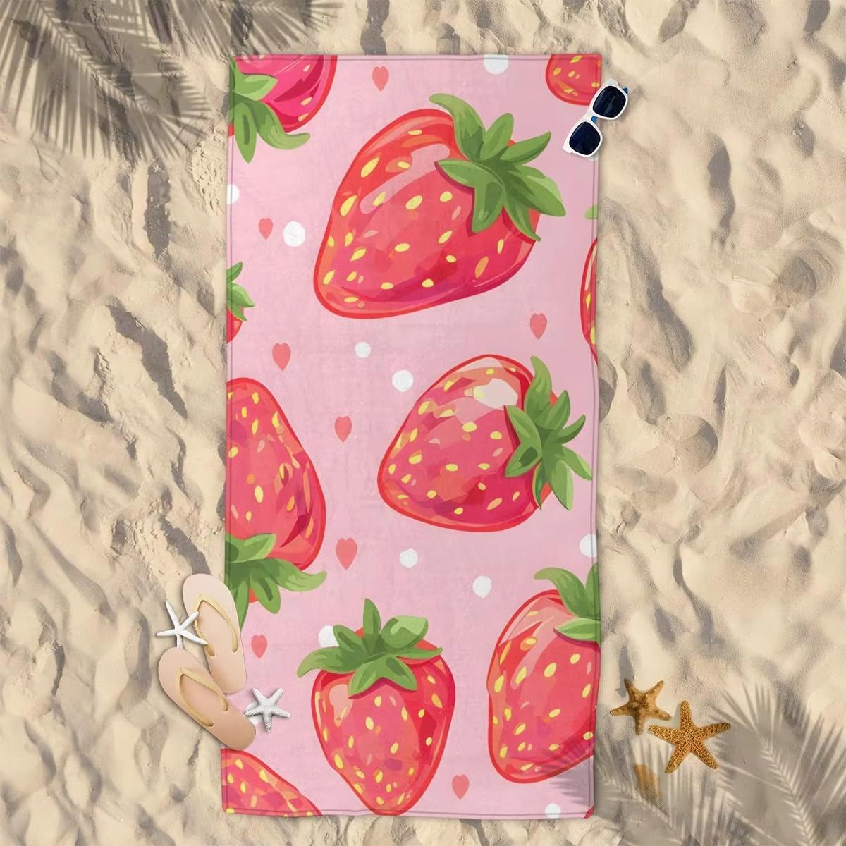 

Pink Strawberry Fruit Beach Towel, Microfiber Quick Dry Soft Absorbent Pool Towel for Girl Gift Travel Swim Camping W30*H60(CM)