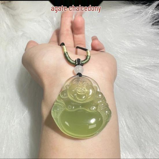 Agate Chalcedony Smiling Buddha Maitreya Pendant – Large Jewelry Gift Icy White