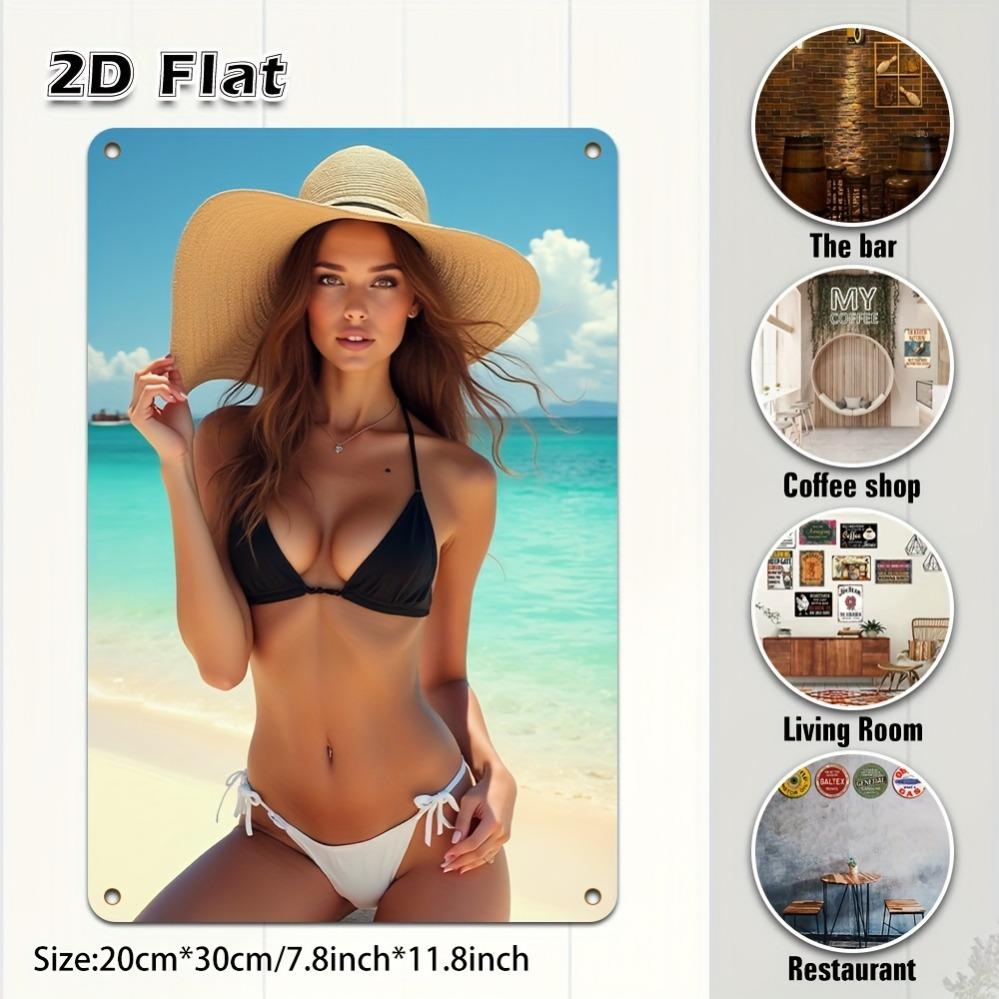 Retro Metal Tin Sign Woman In TwoTone Bikini Sun Hat At Beach Vintage Wall Art Decor for Bar Cafe Home Xcm