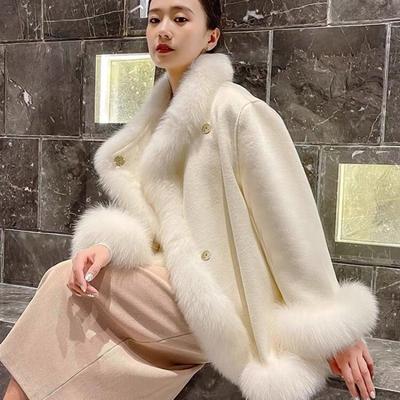 Manteau mi-long en fausse fourrure imitation renard de style célébrité chinoise hiver pour femme, cape en laine, manteau épaissi