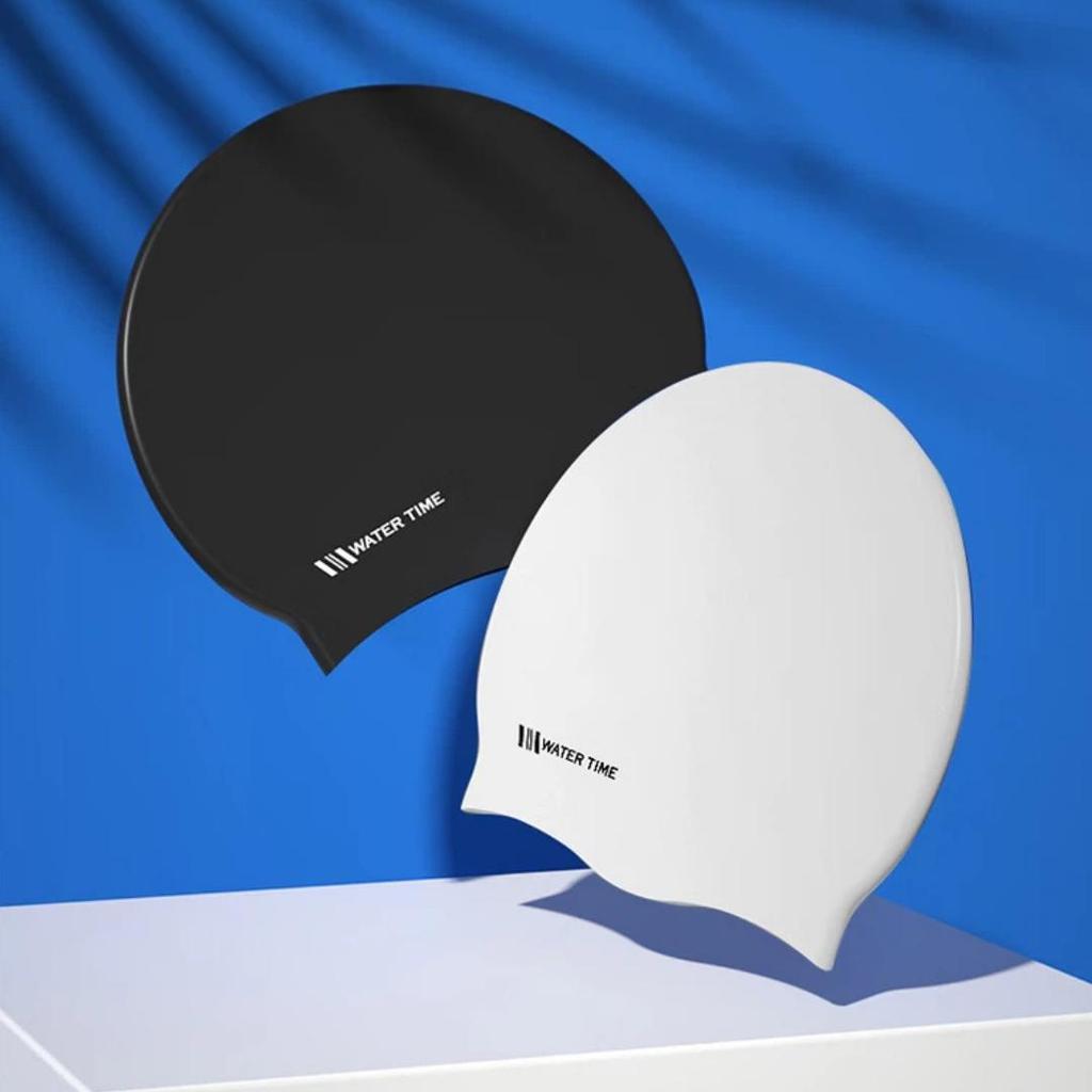 WATERTIME Silicone Swimming Cap, Waterproof, Enlarged, Ear Protection, Black
