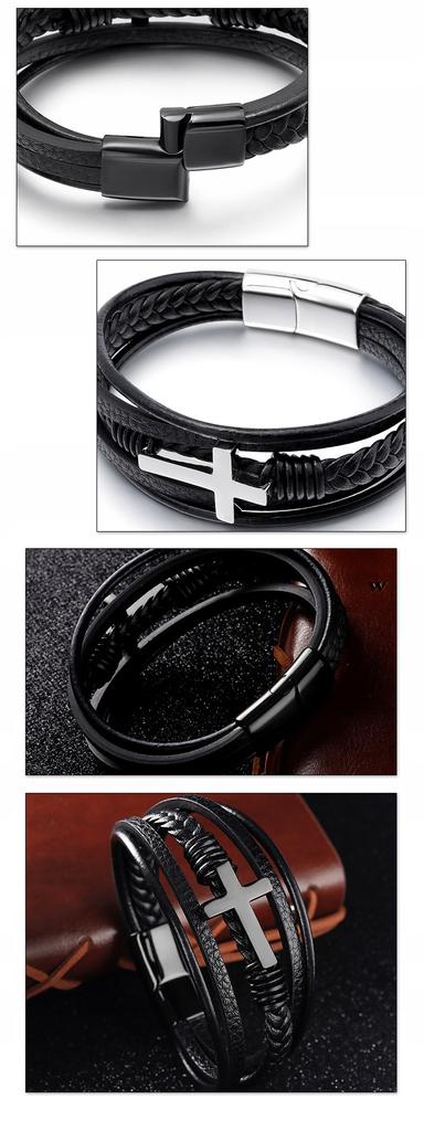 Men's Black Leather Bracelet Braided Silver Cross Surgical Steel