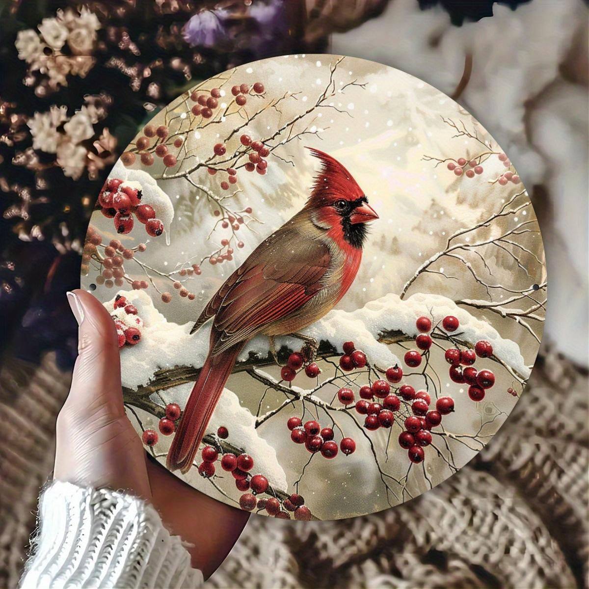 Winter Red Cardinal with Snowy Berries Round Metal Sign D Flat Printed Christmas Bird Art Tin Plaque Vintage Style Festive Ho 20x20cm(8x8inch)