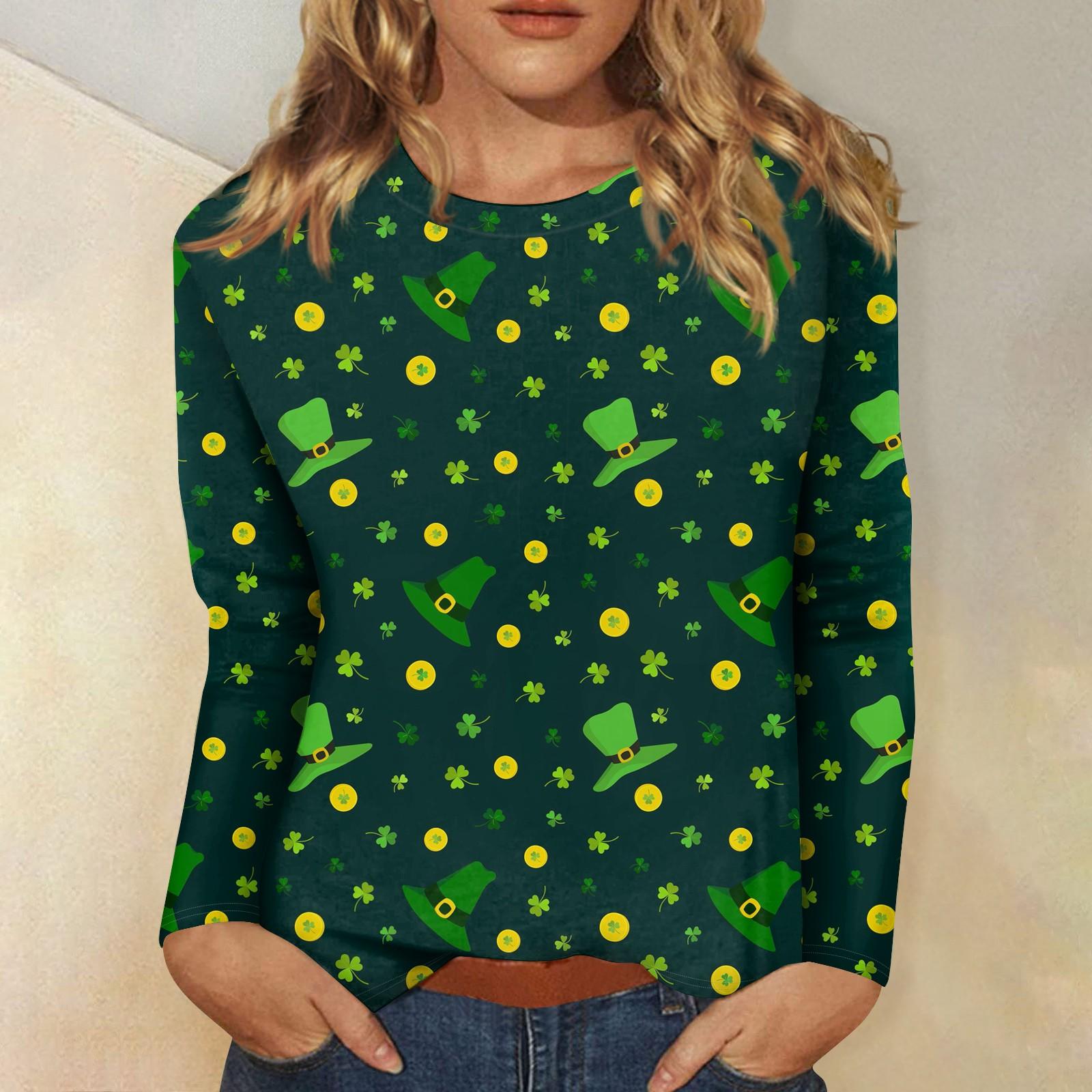 

Женская мода вскользь с длинным рукавом St. Блузка-пуловер с круглым вырезом и принтом ко Дню Святого Патрика S
