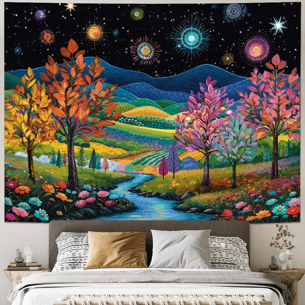 Heynvioo Blacklight Forest Tree Tapestry UV Reactive Fantasy Starry Sky Tapestries Colorful Nature Landscape Tapestry Hippie Mountain Tapestries 78.7 L x 59.1 W