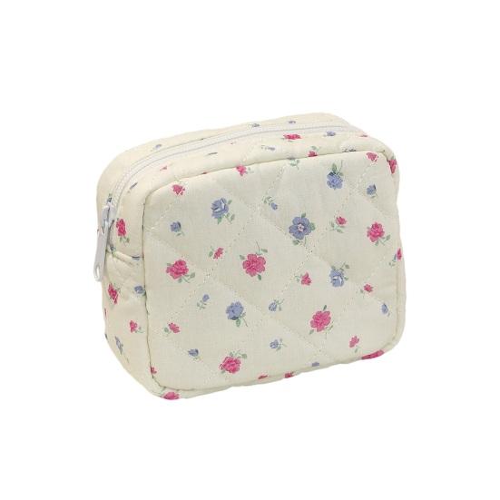 Cute Small Makeup Pouch Bow/Floral Quilted Cosmetic Organizer for Travel Daily Puffy Cotton Toiletry Pencil Purse with Zipper for