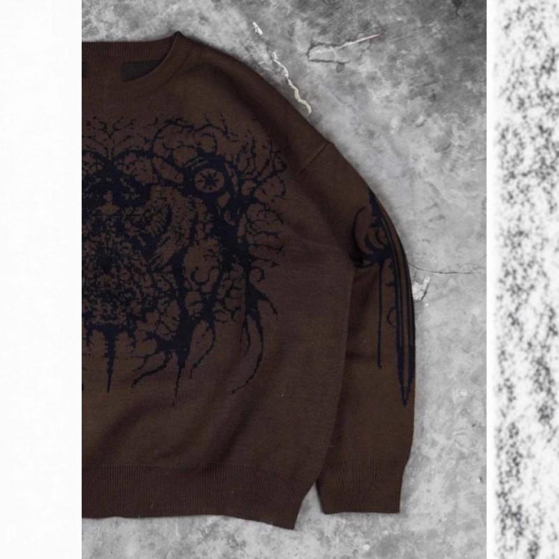 Womens Oversized Streetwear Knit Sweater With 3D Tribal Jacquard Coffee Color Fall Winter 2025