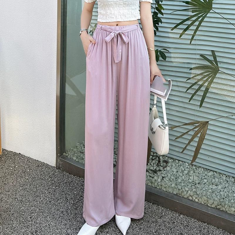 Pantaloni de pijama din bumbac mătase pentru femei, secțiune subțire de vară, anti-țânțari, pantaloni cu picior lat, culoare uni, pentru exterior, casă, petrecere a timpului liber, imprimeu, pantaloni de plajă până la genunchi