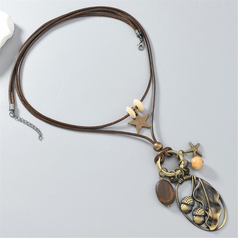 Handmade Waxed Cord Necklace Featuring Alloy Pendant And Natural Wood Beads Jewelry For Sensitive Skin