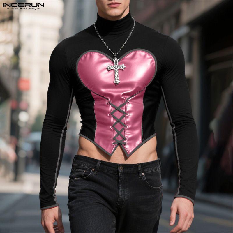 INCERUN Men Stand Neck Long Sleeve Bandage PU Patchwork Casual Cropped Tops T-shirts