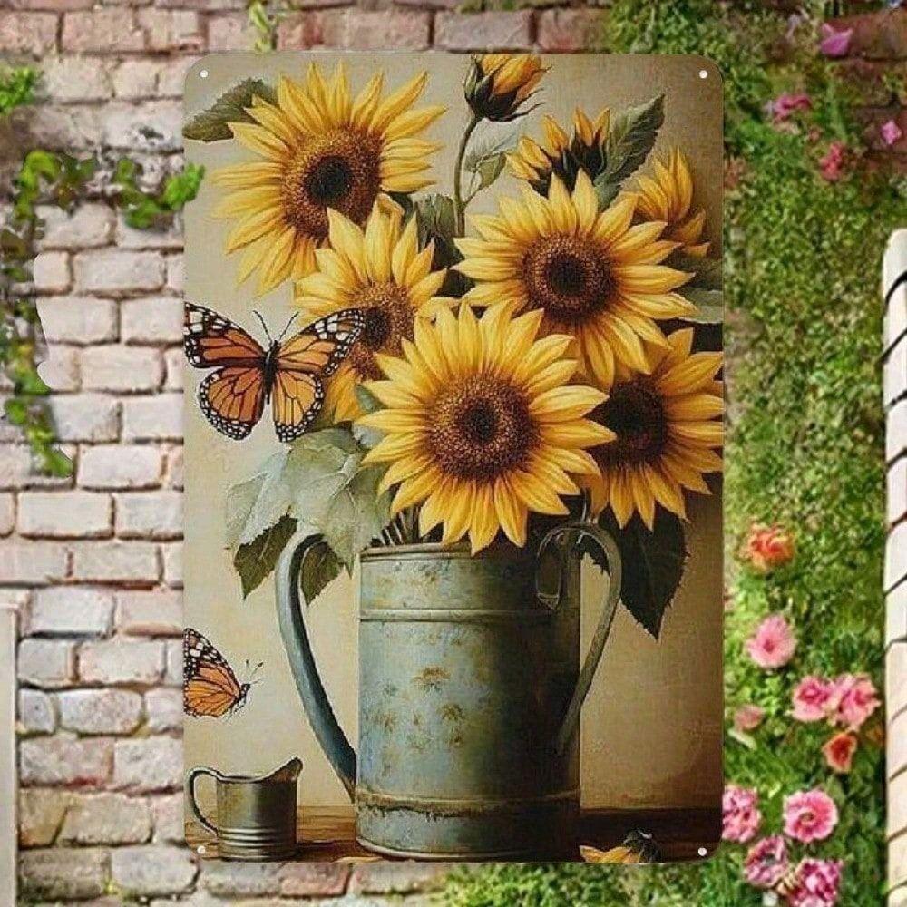 

Vintage Sunflower Metal Poster, Watering Can and Butterfly Wall Art for Kitchen