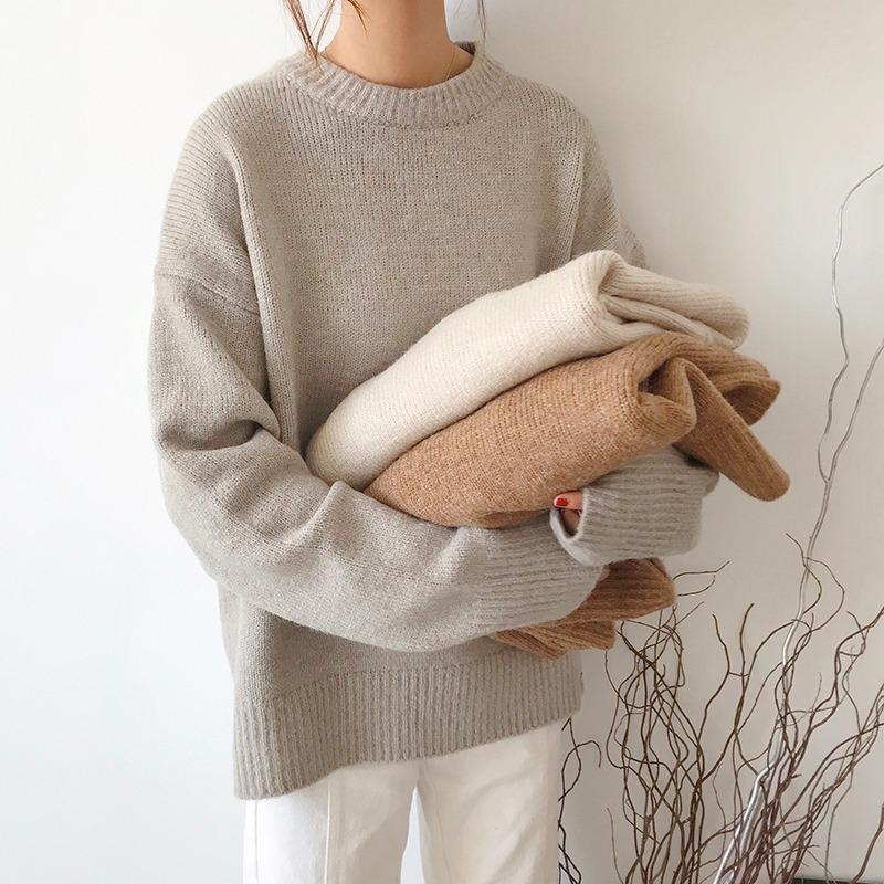 Fashion Solid Long Sleeve Women's Sweaters Autumn and Winter Retro Pullovers Knitted Sweater Ladies Elegant Round Neck Soft Warm Jumpers Tops 25563