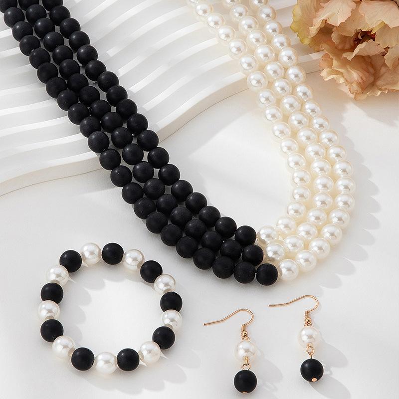European and American Retro Splicing Multi-layer Imitation Pearl Necklace Bracelet Earring Set Women's French