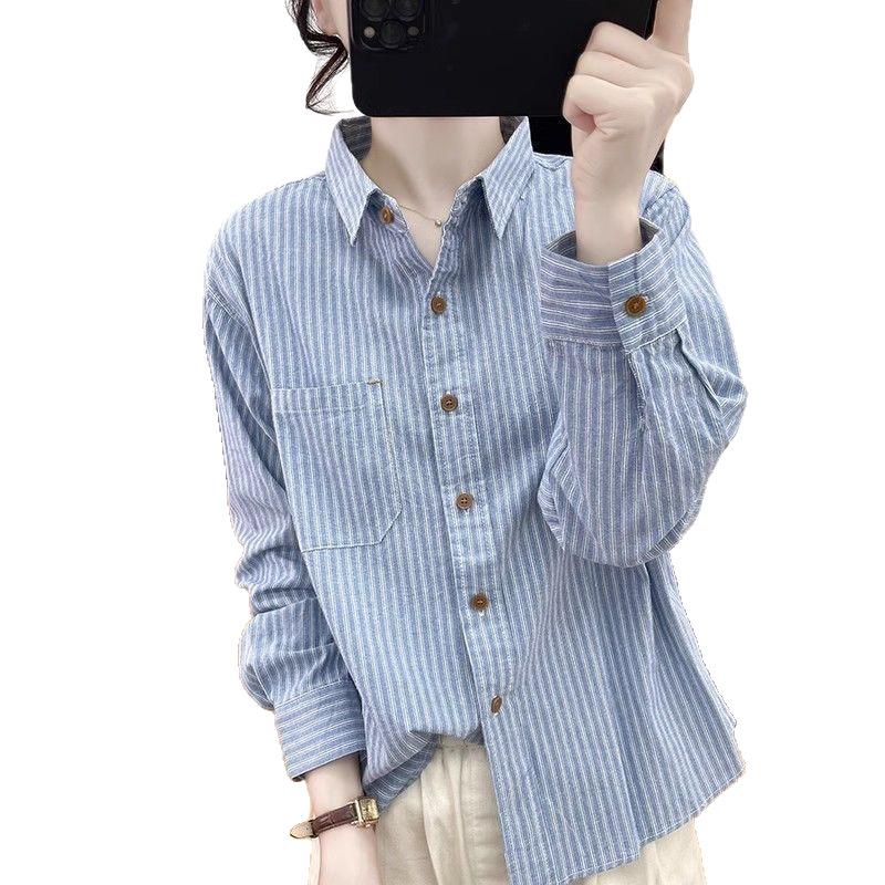 Long-sleeved Korean version of striped shirt, loose spring and autumn thin shirt, stacked with a base, wearing a versatile top for women
