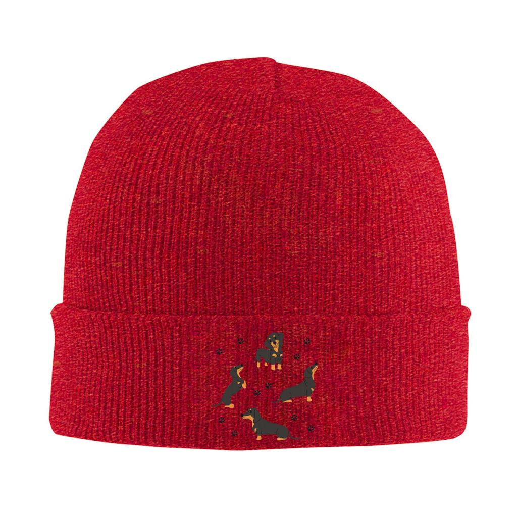 Dachshund Dog Pattern with Dog Paws Warm Knitted Cap Winter Knit Bonnet Hat Skullies Beanies Hip Hop Caps for Unisex
