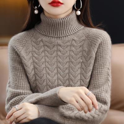 Suéter de cuello alto de manga larga para otoño e invierno, tejido de punto versátil con giros de masa frita para mujer, suéter holgado e informal de estilo perezoso