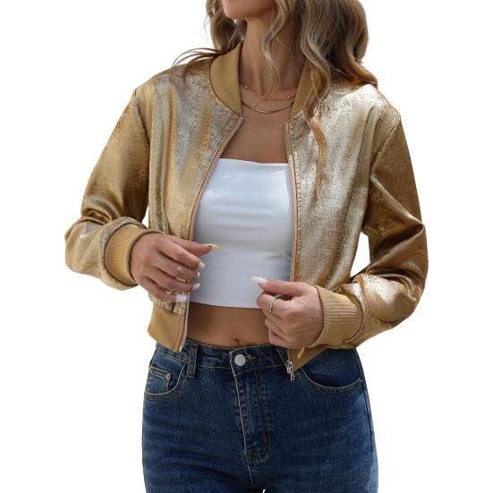 Veste de baseball universitaire métallique pour femme Zippée Manches longues Manteau court Vêtement d'extérieur décontracté Automne Hiver