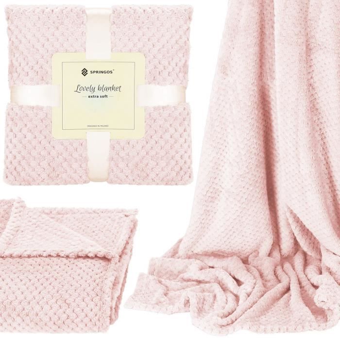 Couverture - SPRINGOS - 200x220 Cm - Douce - Rose - Polyester Avec Texture