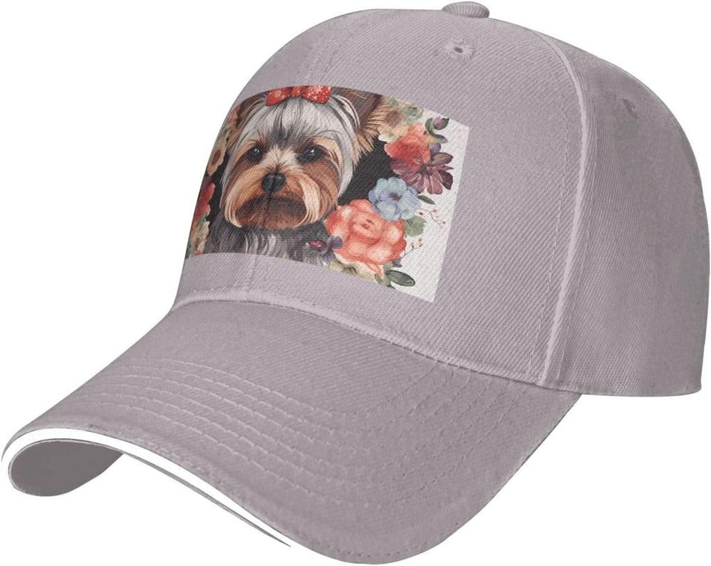 Yorkie Floral Print Baseball Cap Polyester Adjustable Casual Golf Dad Hat for Unisex