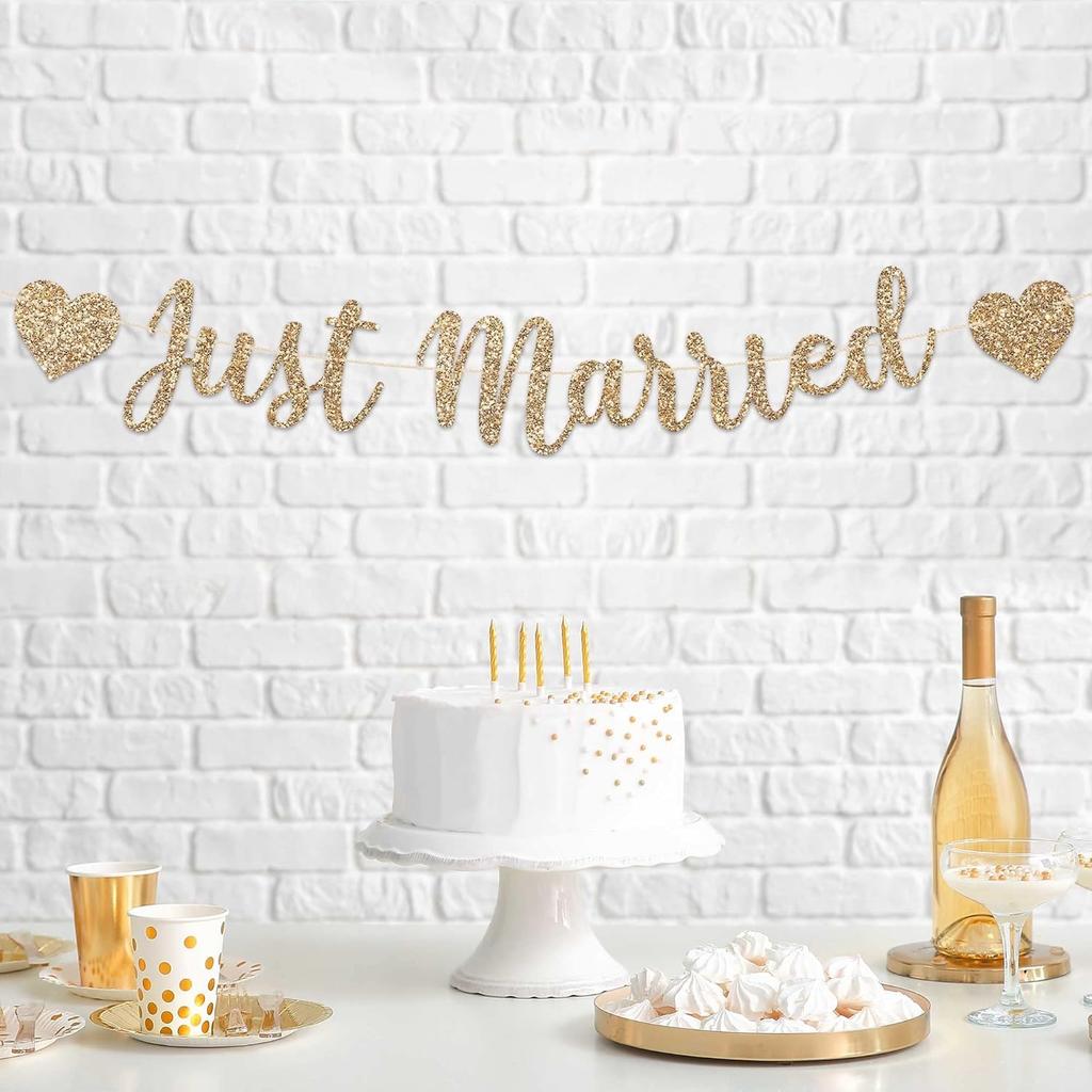 Pre-strung Just Married Banner - No DIY - Gold Glitter Wedding Party Banner in Script - Pre-strung Garland on 6 ft Strand - Gold Wedding Reception