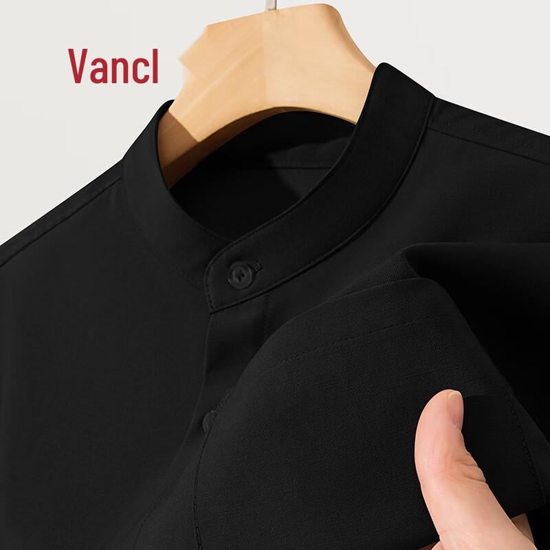 

VANCL Men s Faux Linen Stand Collar Short Sleeve Shirt L