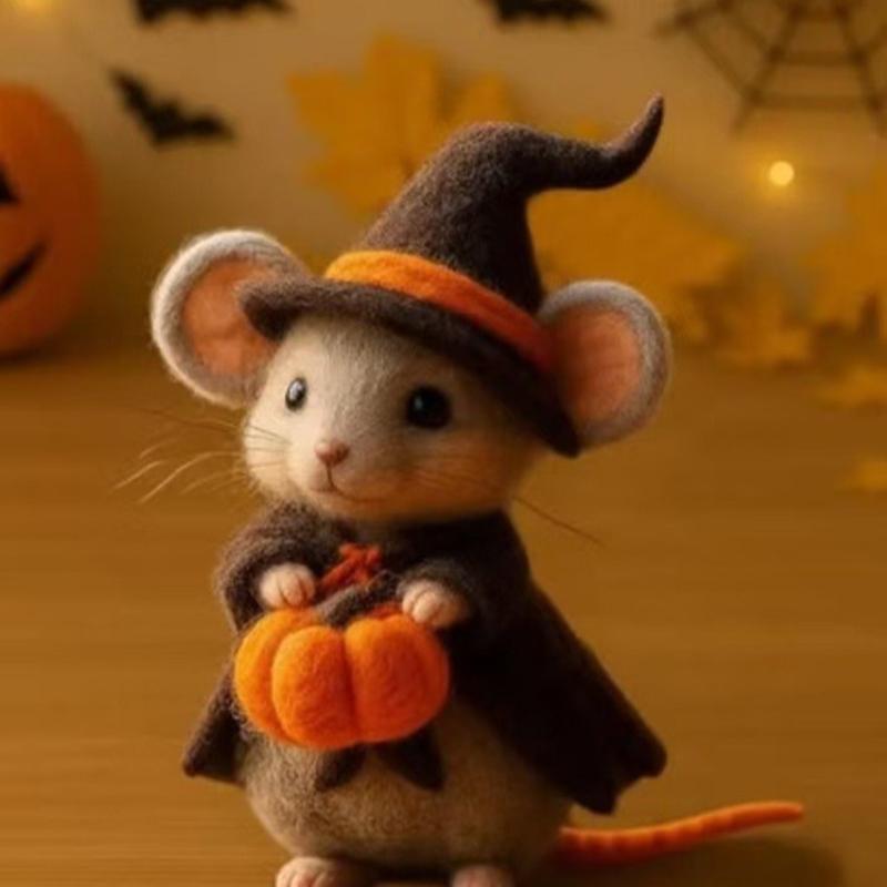 Festives Felt Pumpkin Mouse with Witch Hat Ornament For Halloween Party Home Office Desk Decors Handmade Craft Gift