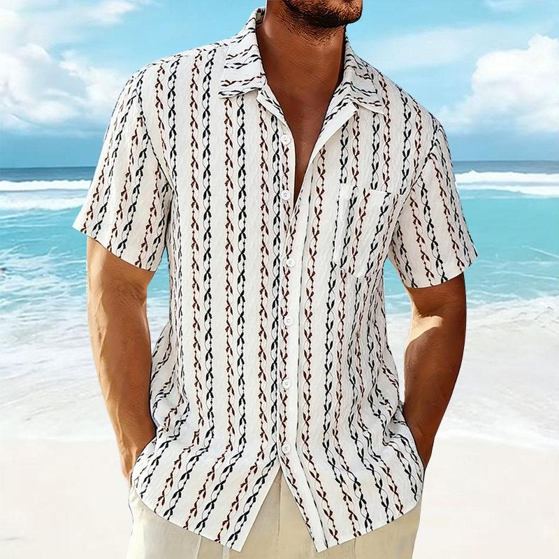 Herren Sommer Mode Gestrickte Streifen Kurzarm Hawaiianhemd Lässig Tasche Strand Urlaubshemden Stilvolle Herrenbekleidung