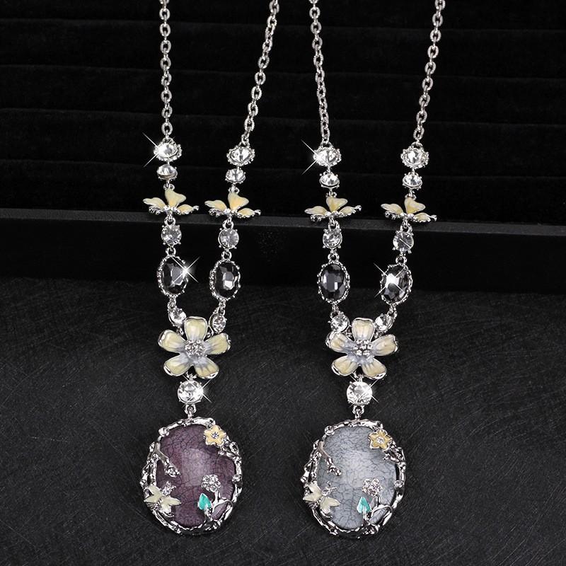 Japanese Fresh Women's Long Decorative Dress with Versatile Accessories Pendant Flower Zircon Pendant Necklace