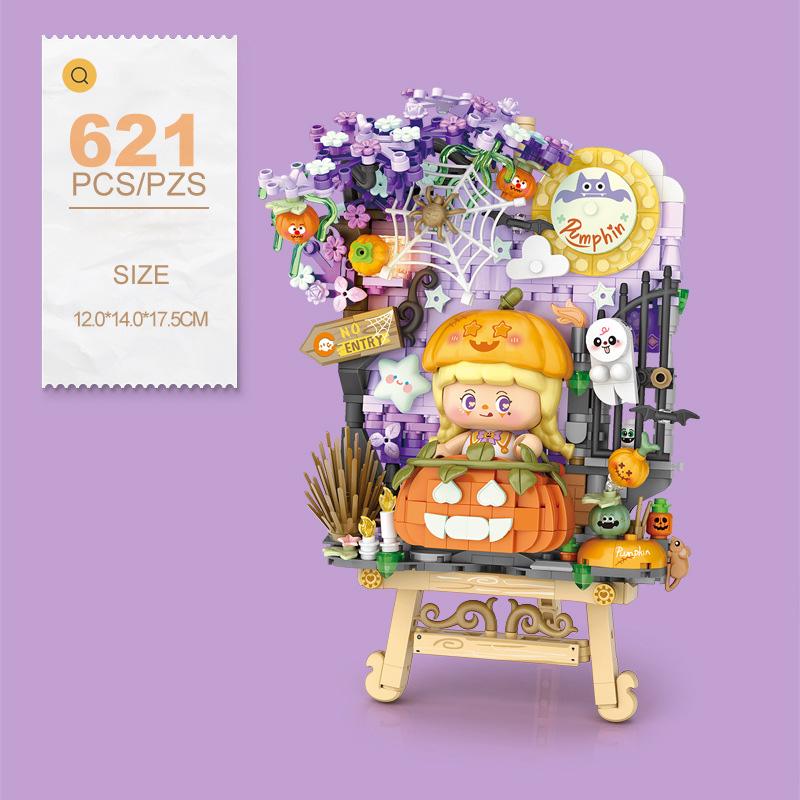 

Construction Idea Art Magic Cat Pumpkin 3D Easel Painting Micro Diamond Brick Toys With Light Construction Block For Halloween Gifts