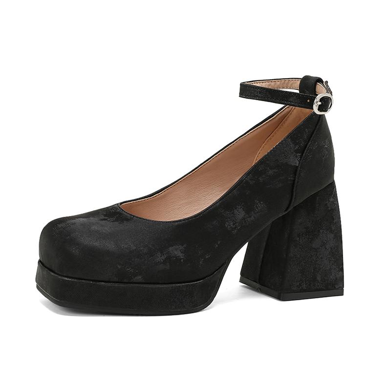 

Plus Size Suede Material Shallow Mary Jane Shoes With Square Toe Extra High And Thick Heels Ankle Buckle Women s High Heels 34 чорний