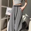 High-Waist Retro Striped Wide-Leg Pants with Drawstring - Women's Casual Floor-Length Knit for Autumn and Spring