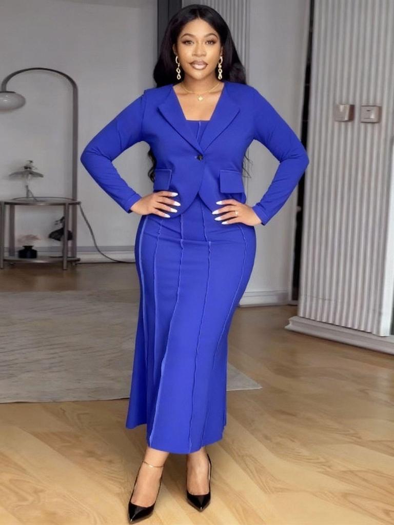 Women's Plus Size Camisole Dress & Jacket Set - Slimming Square Neck, Cinched Waist, Elegant Long Dress for Commuting or Dates
