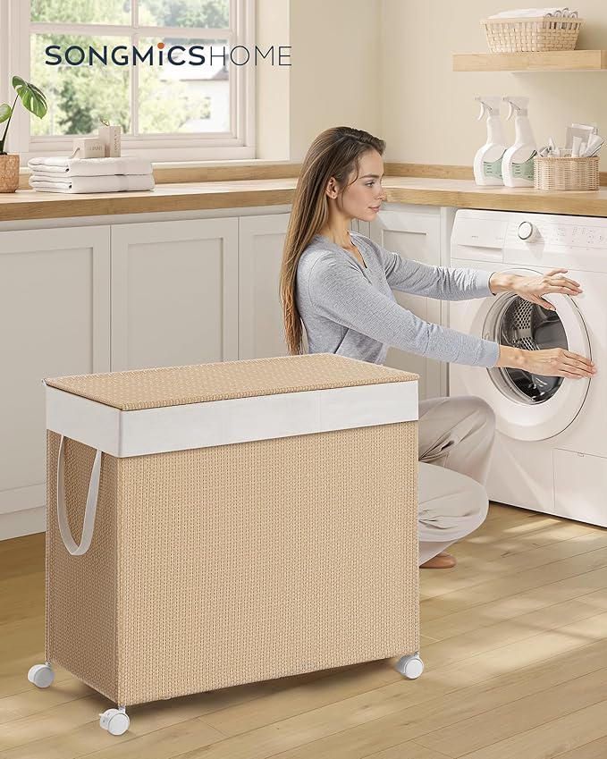 SONGMICS HOME Laundry Hamper with 3 Section, Large 140 L Rolling Laundry Basket with Wheels, Rattan Clothes Basket with Lid