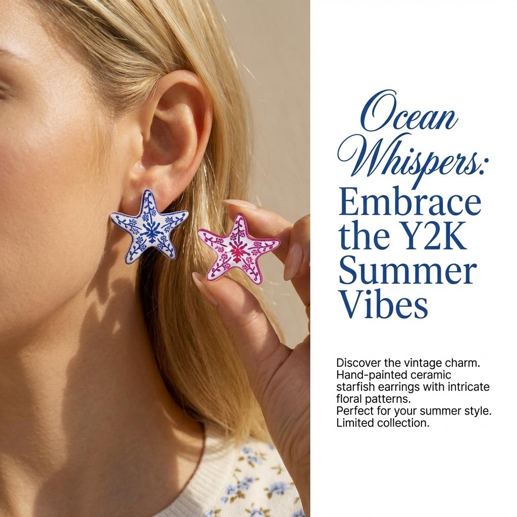 Boho Starfish Statement Earrings for Women Vintage Colorful Floral Oversized Stud Earrings Summer Festival Beach Jewelry Gift