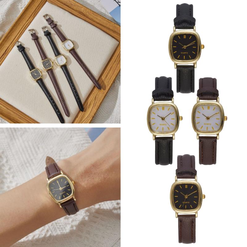 Square Minimalist Quartz Watch Women Petite Wrist Retro Synthetic Leather Strap