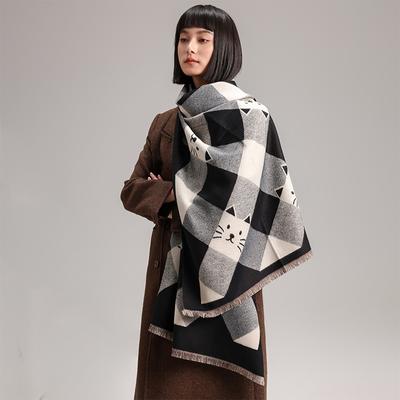 Geometrischer Quadratischer Schrägstrich Kätzchen Dekoratives Tier Süß Und Niedlich Xiaoqing Frischer Wind Herbst Und Winter Damen Imitat Kaschmir Schal