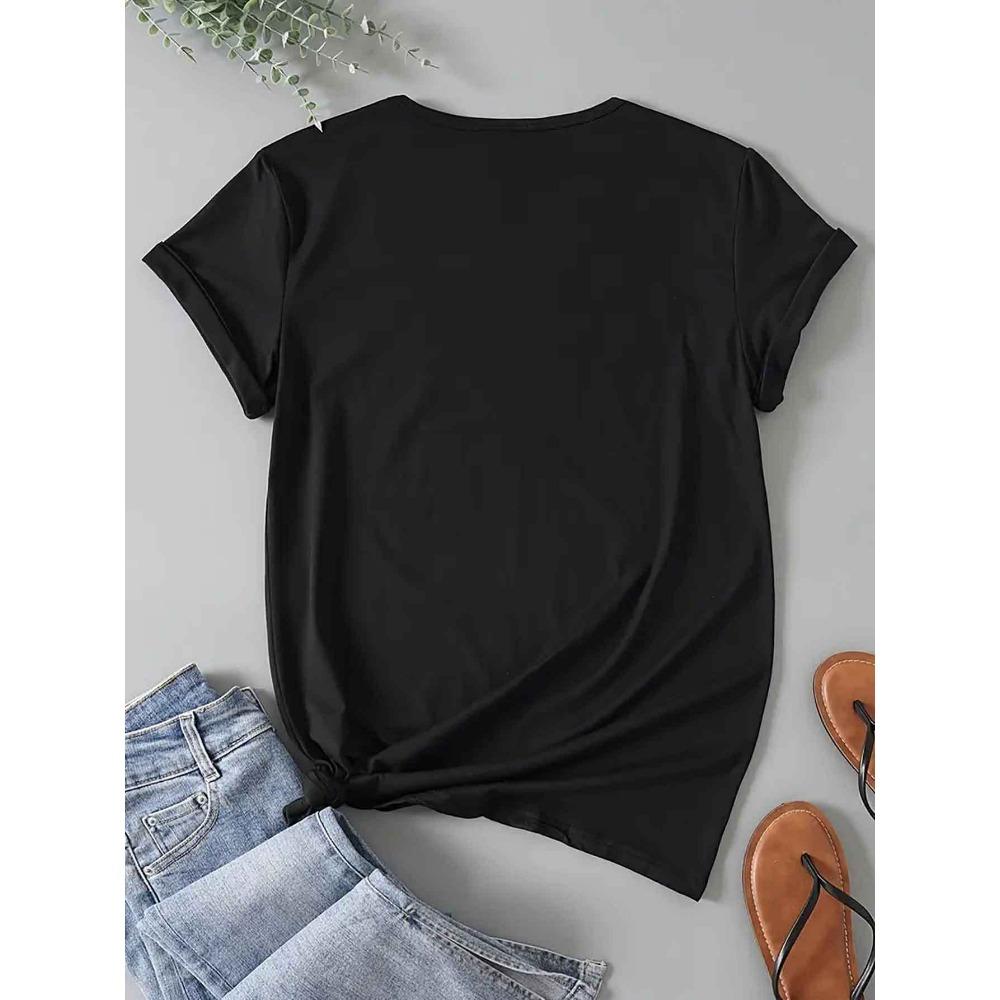 Women'S Playful Black Cat Print Short-Sleeve Round Neck T-Shirt - Sporty Casual Style, Soft And Breathable